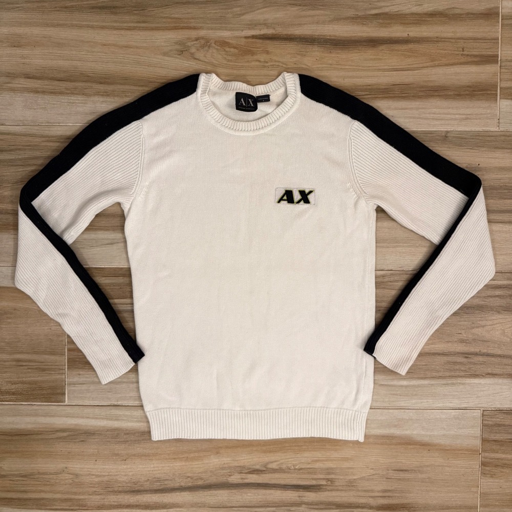 Armani Exchange AX Logo Knit Sweater Mens Small White Black Stripe Sleeve Crew
